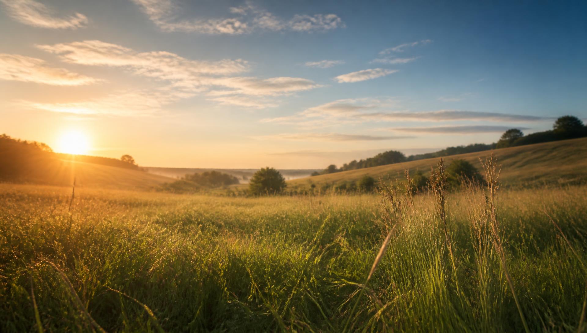 Open meadow at sunrise under a wide, clear sky
